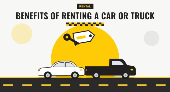 Illustration of a white saloon car and a black pickup truck with a rental key tag