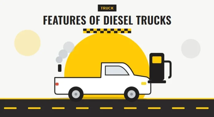 Features of Diesel Trucks Illustration of a white heavy-duty pickup truck with exhaust smoke beside a diesel fuel pump
