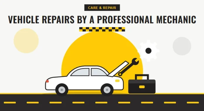 Vehicle Repairs by a Professional Mechanic Illustration of a car with its bonnet open beside a toolbox, a gear and a wrench